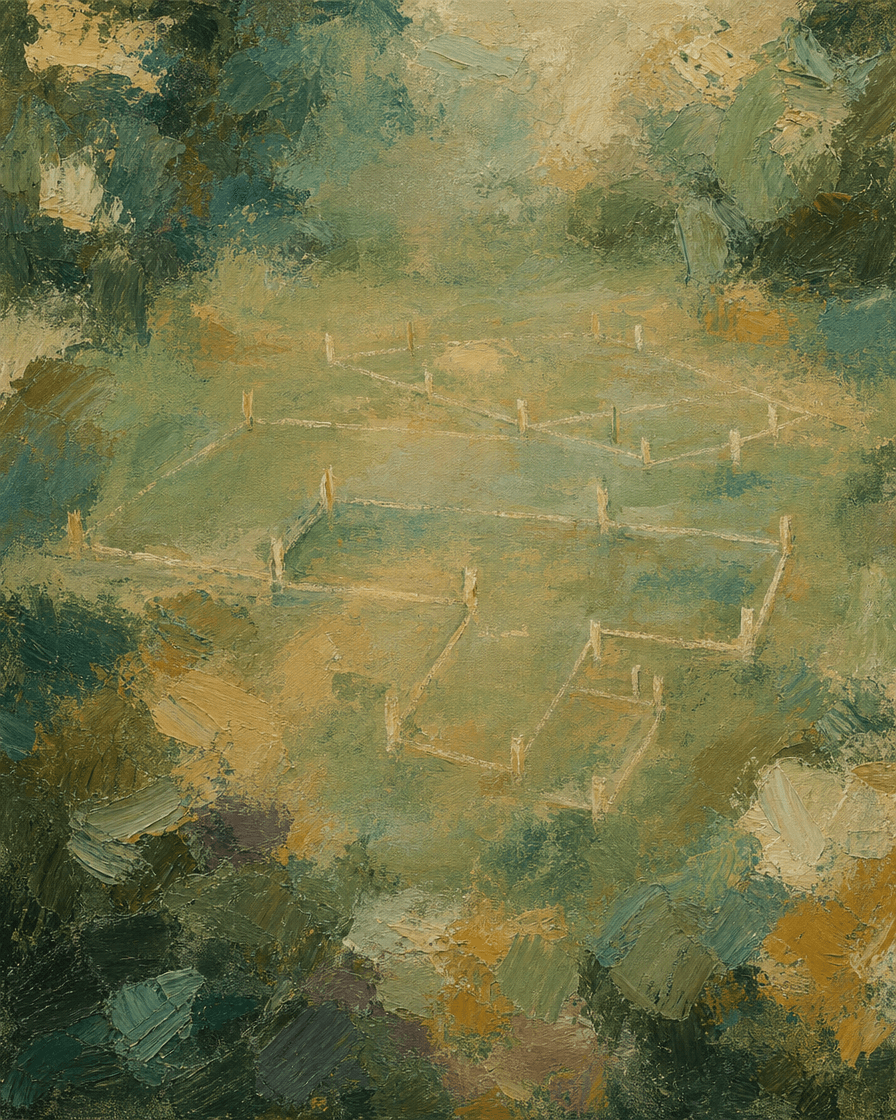 Building outline marked with pegs and string on grass