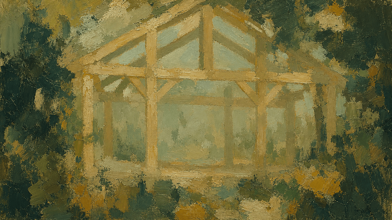 A finished timber frame standing in a yard