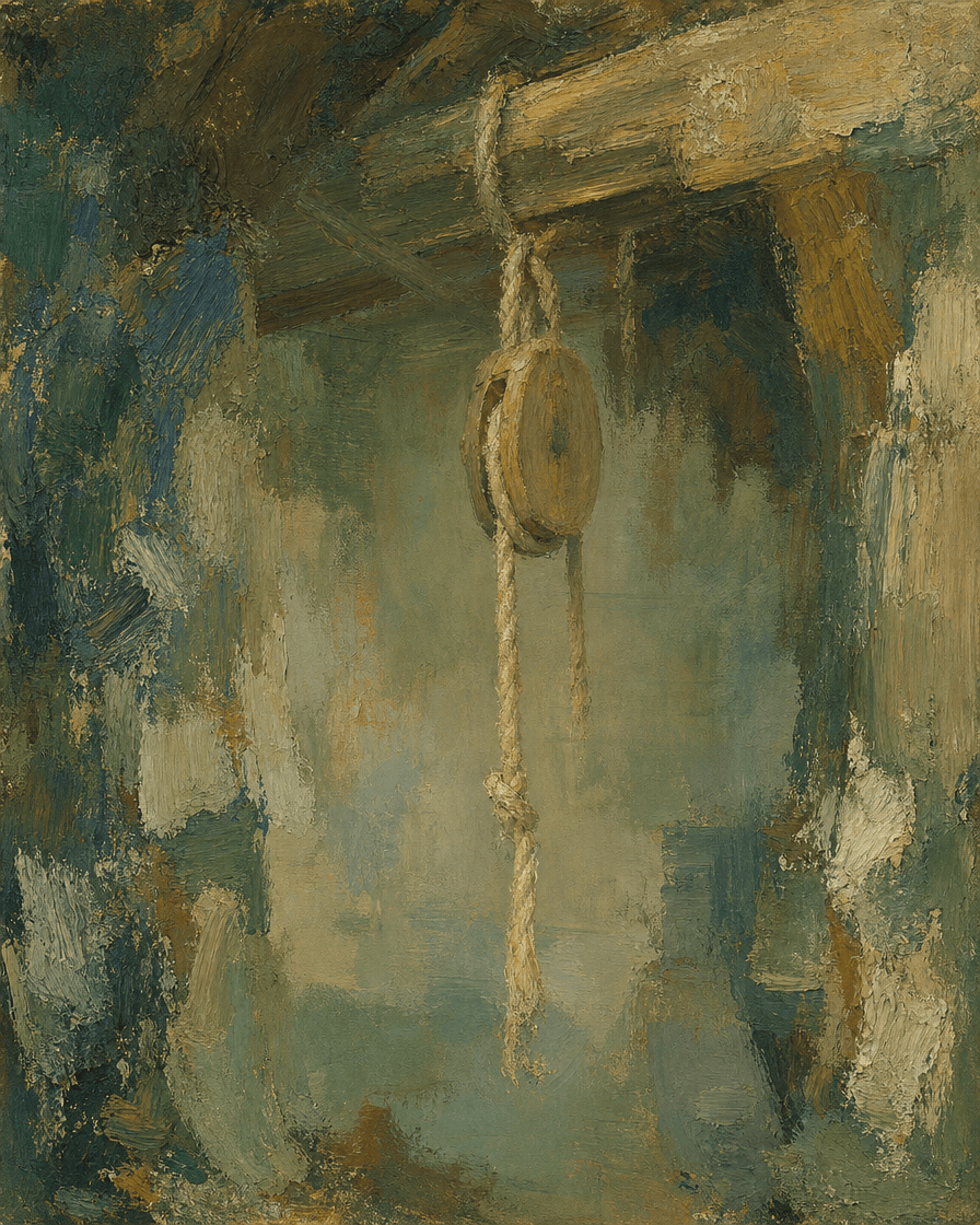 Pulley and rope hanging from a wooden beam