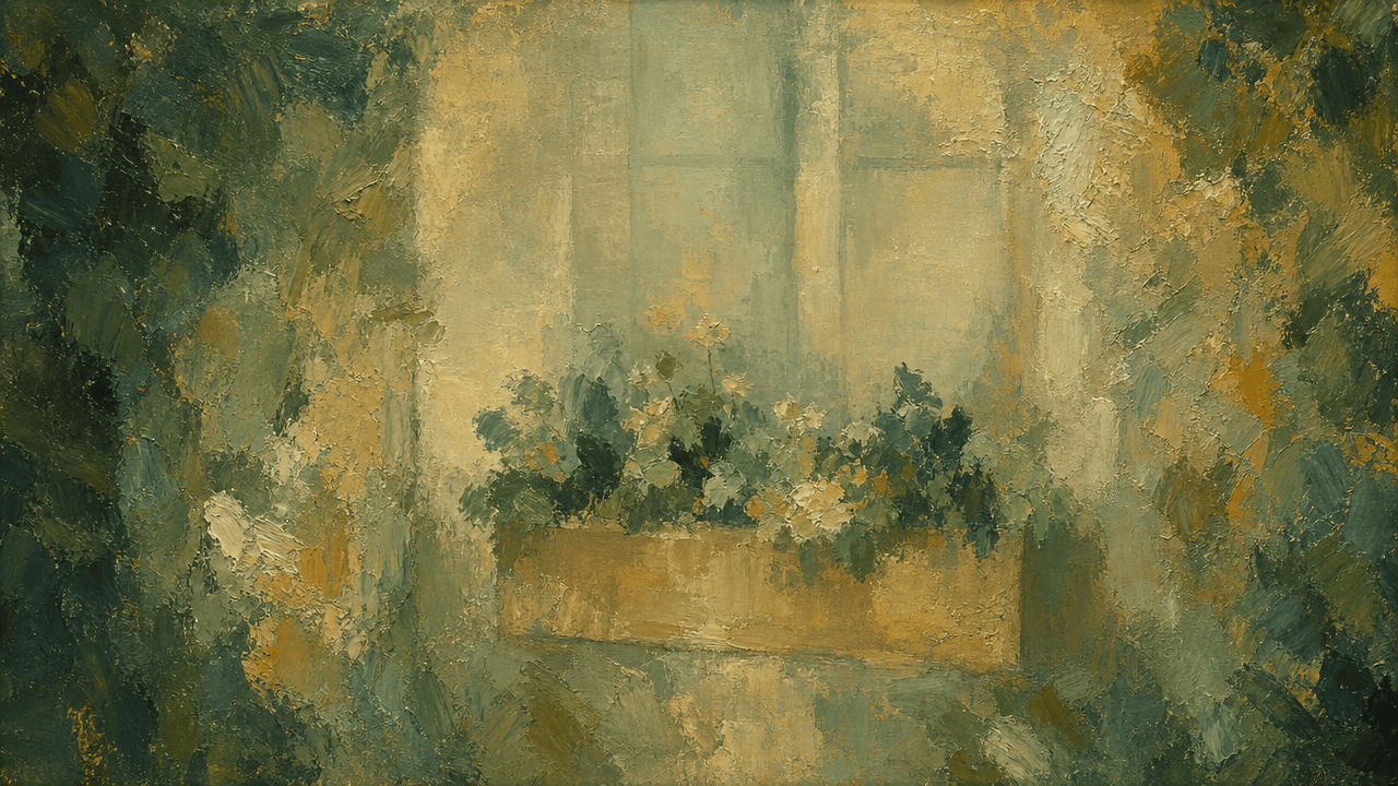 A planted window box on a sill