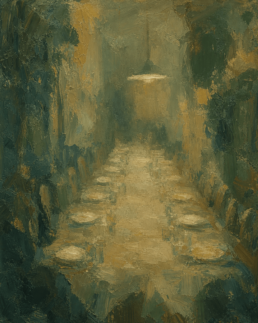 A long table set for many people under a hanging lamp