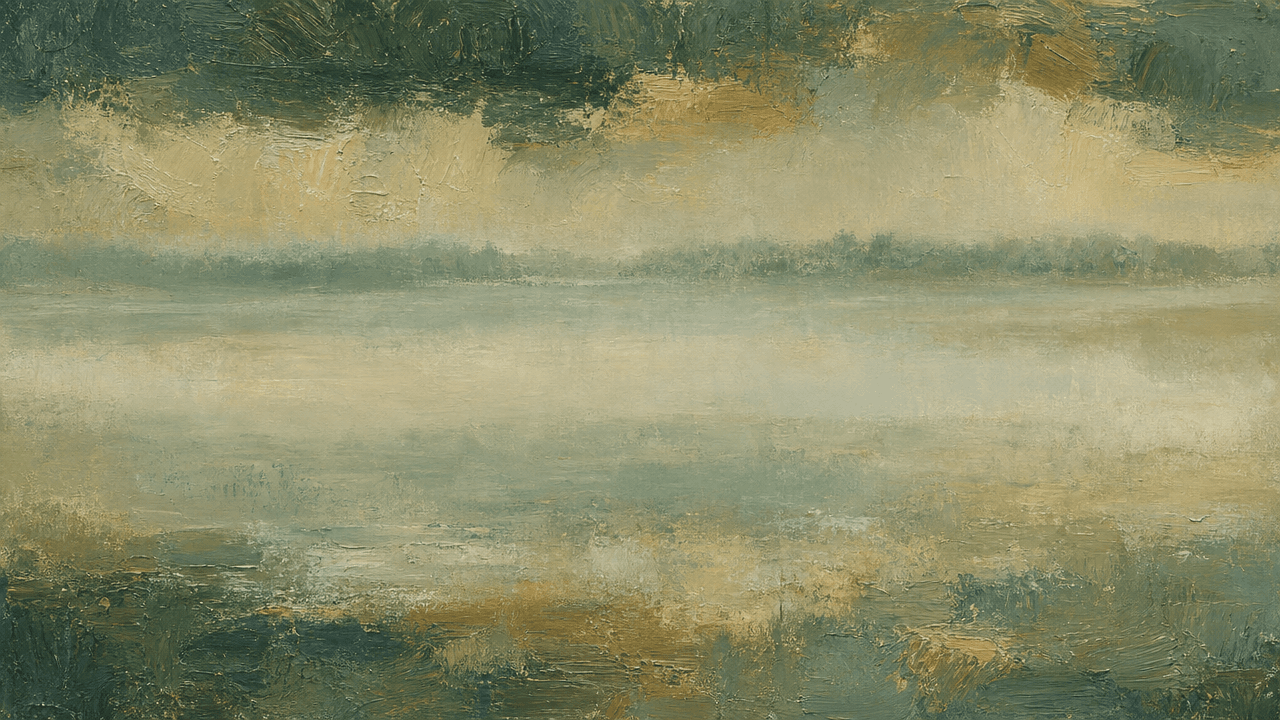 A still lake under morning mist