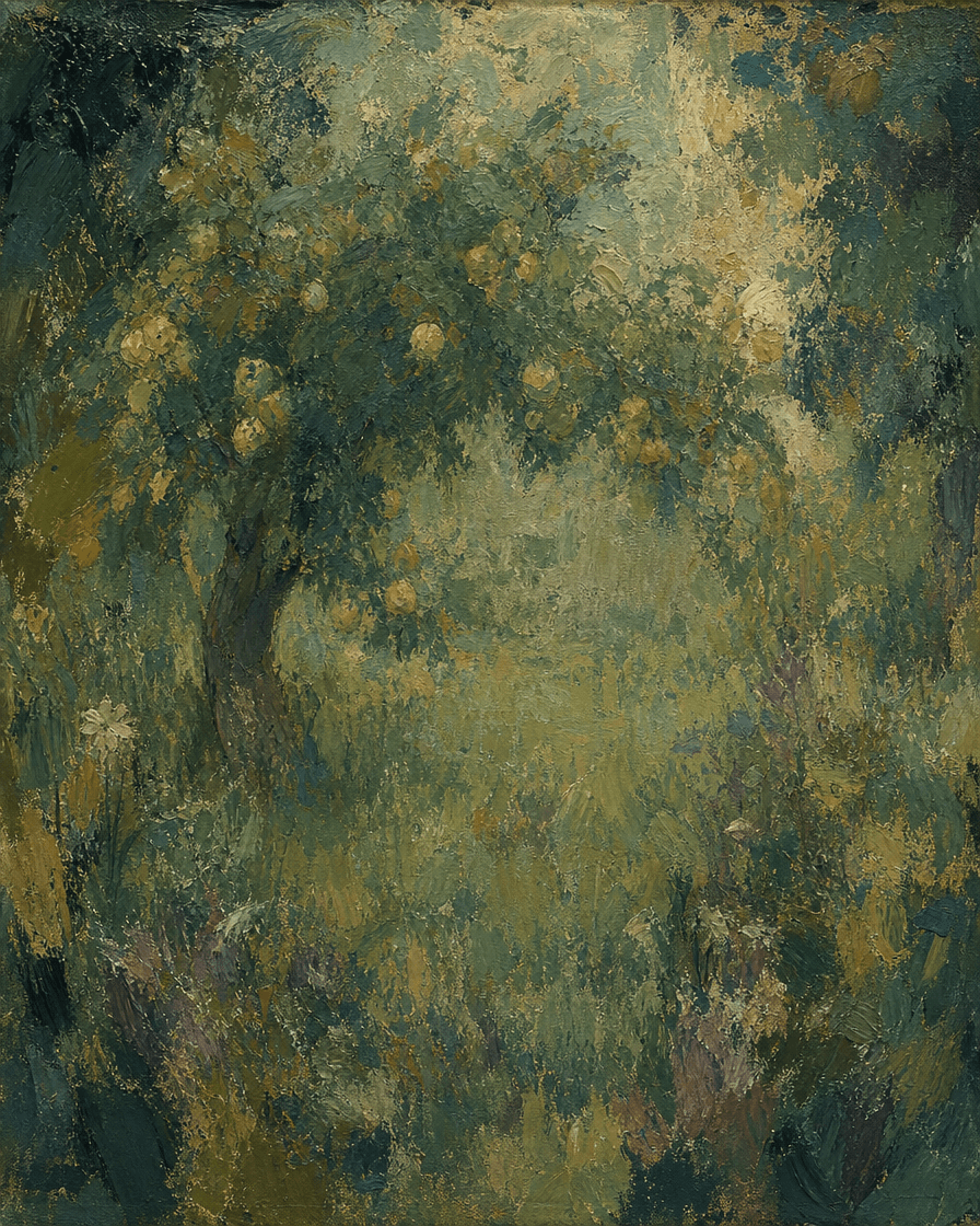 An old fruit tree in an overgrown garden