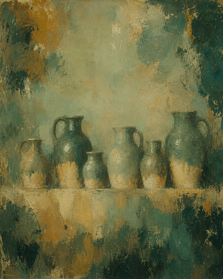 A shelf of matching clay jugs
