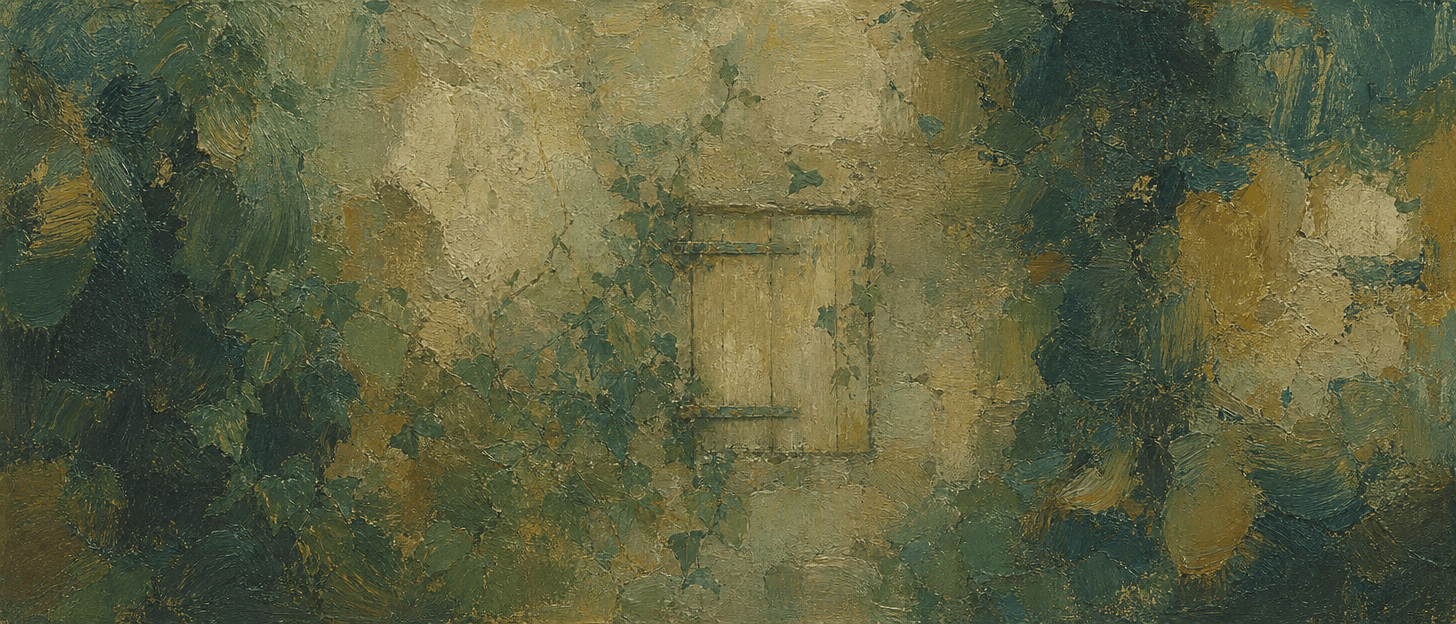 Closed hatch in a stone wall with ivy