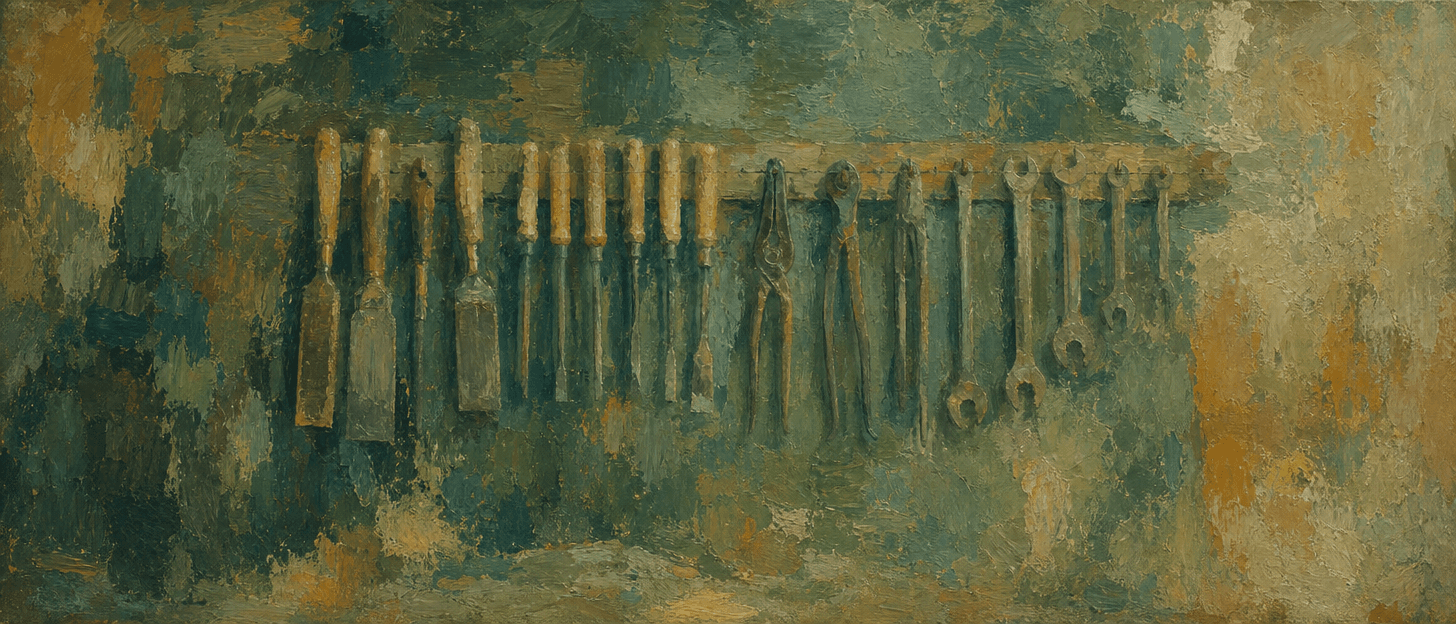 Hand tools hanging in order on a wall rack