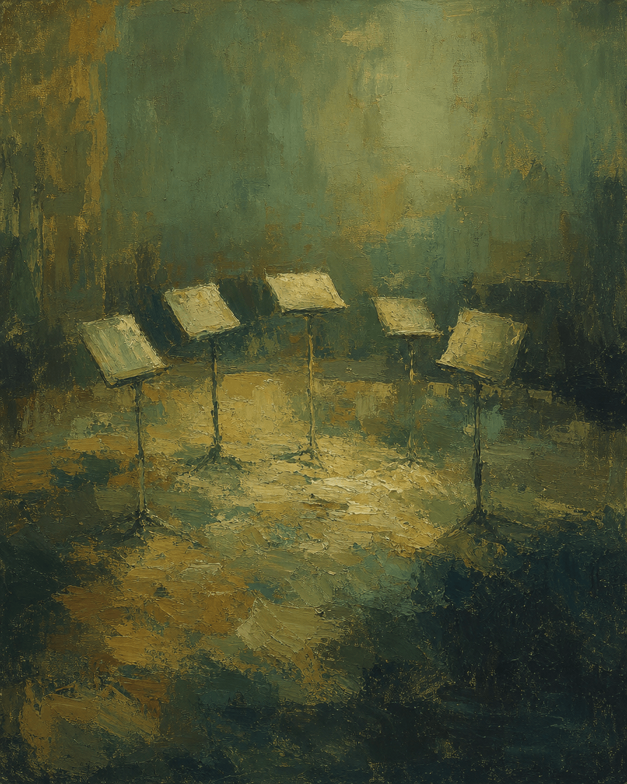 5 music stands arranged in a semicircle