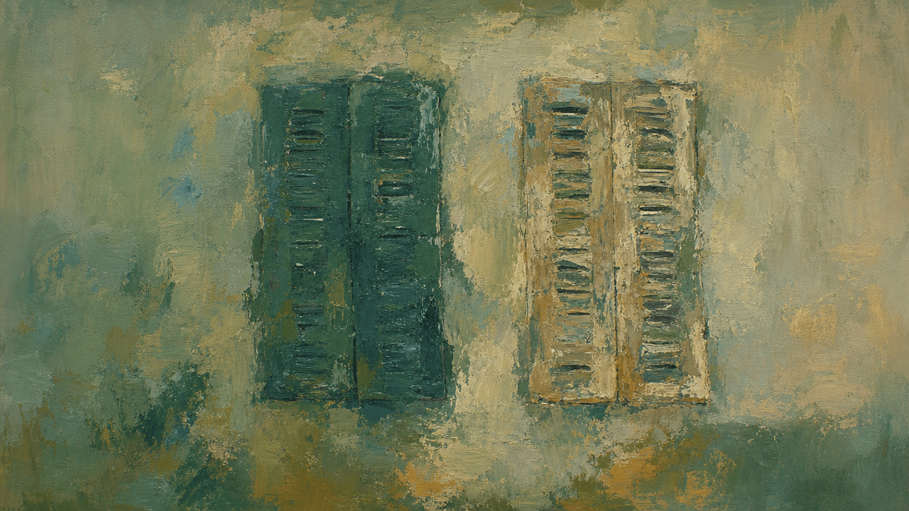 2 shutters on a wall, 1 repainted and 1 weathered