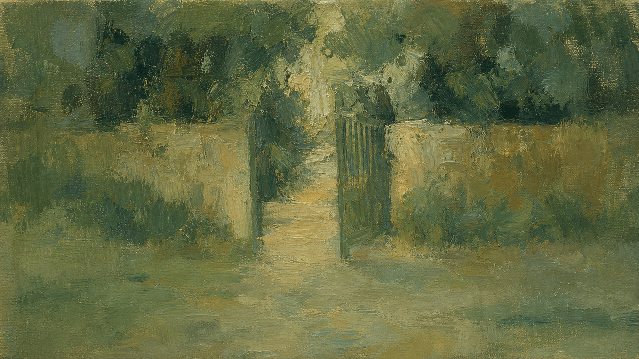 An open iron gate in a garden wall