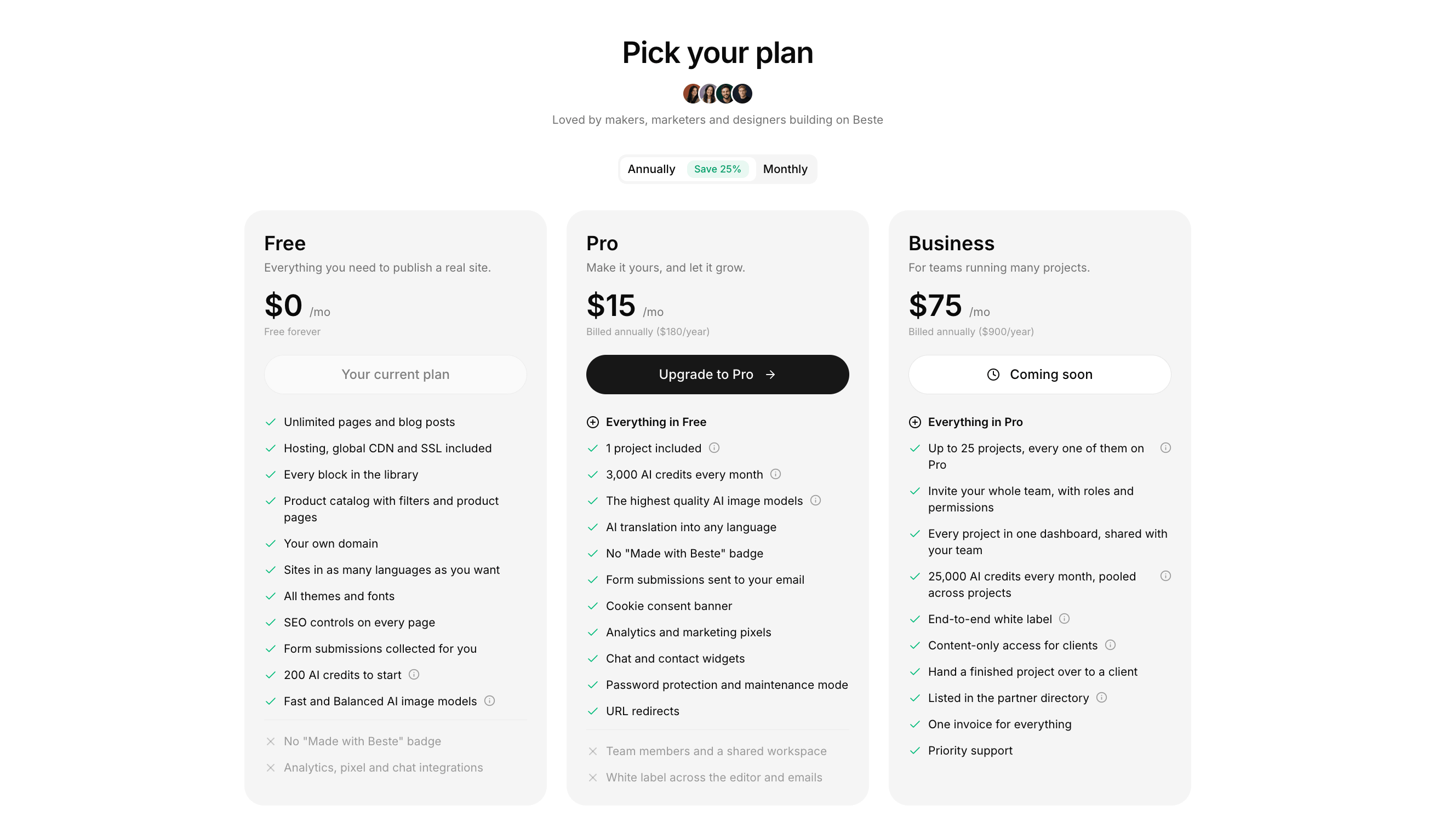 The plan comparison with Free, Pro and Business columns