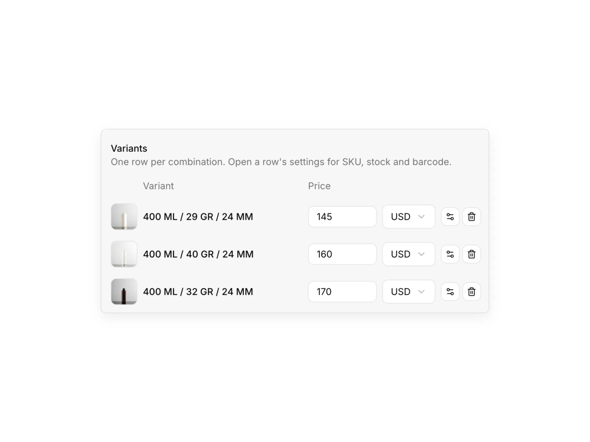 A product variant with its own photo in the product editor