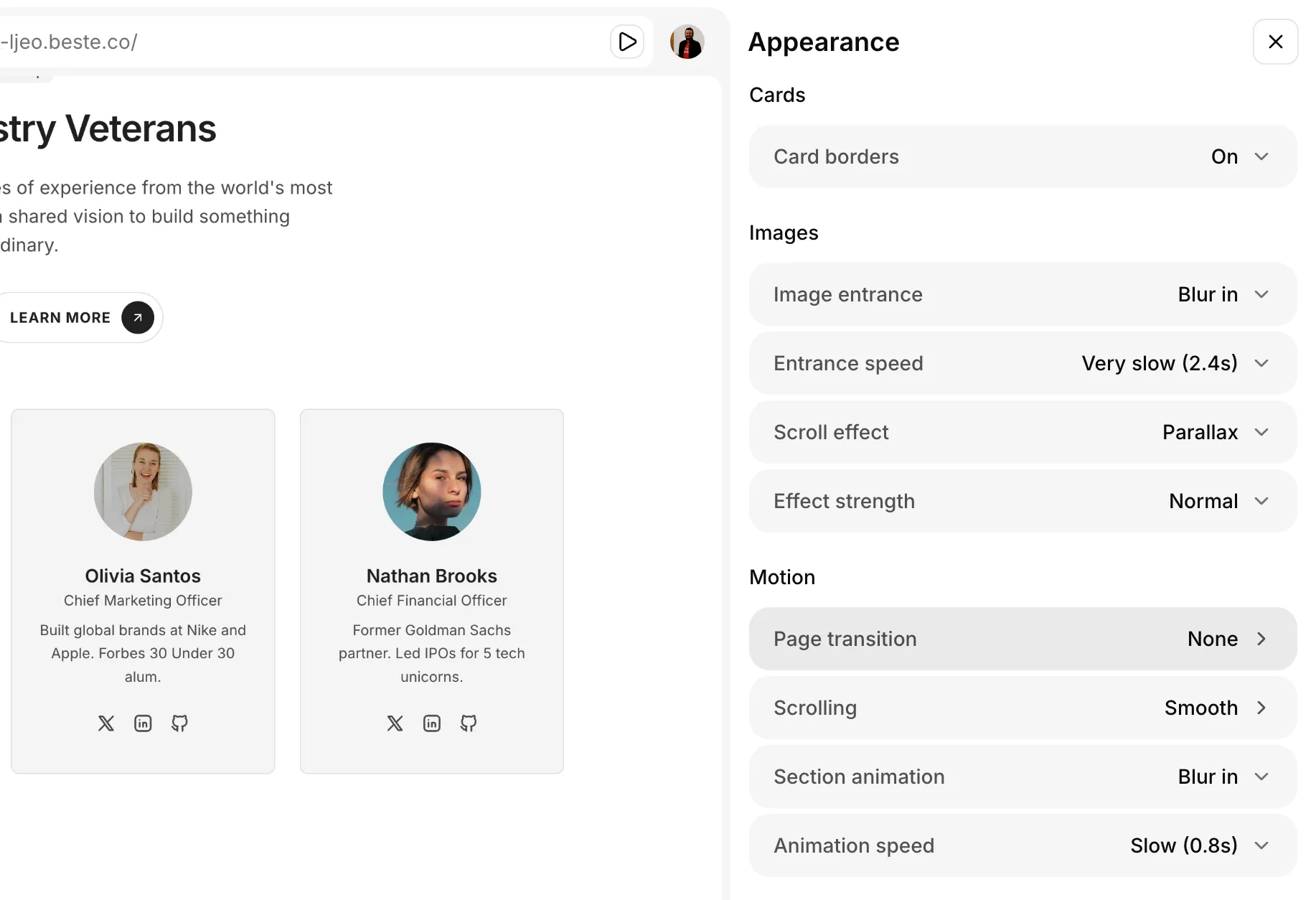 Site-wide card border, section animation and image motion settings in Appearance