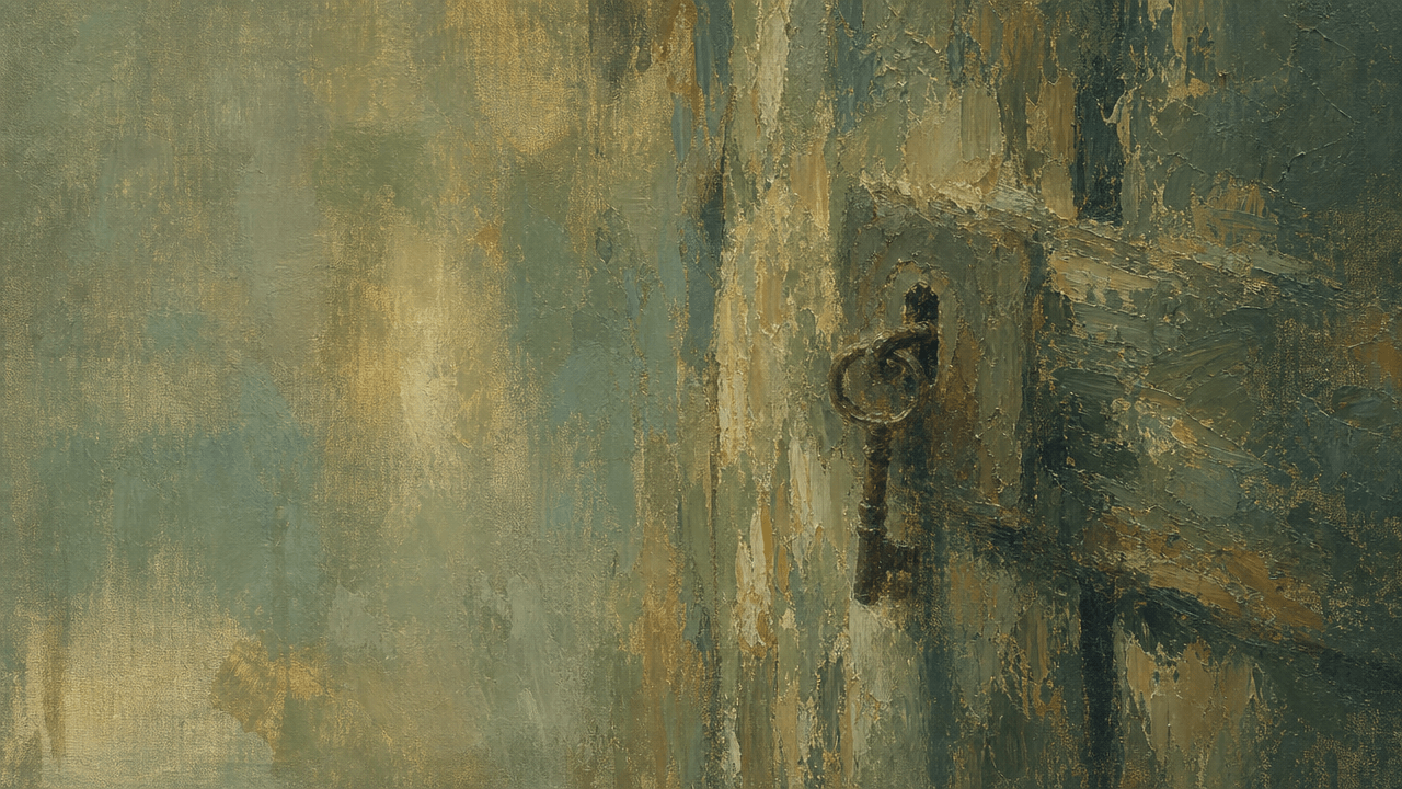 Iron key in the lock of a wooden door