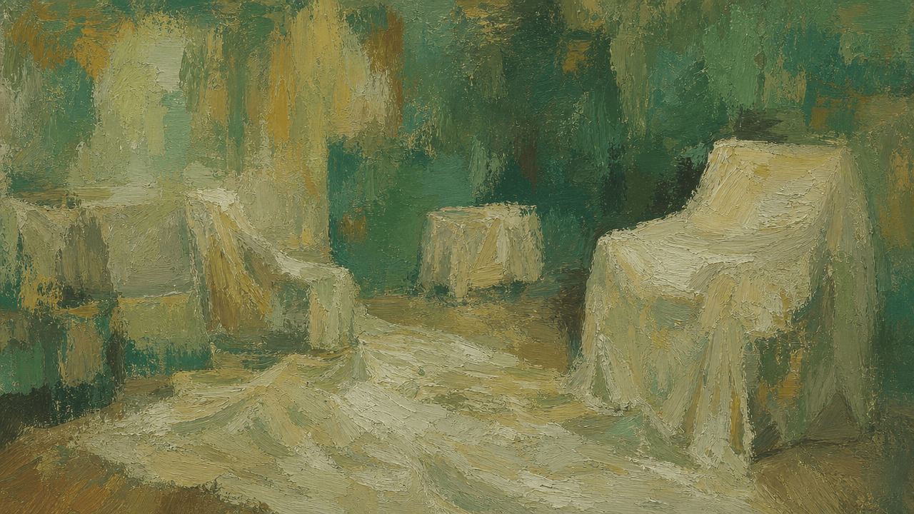 Room with furniture under dust sheets