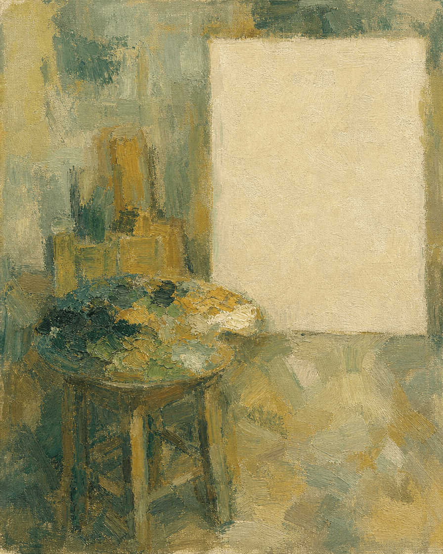 Paint palette beside a blank canvas