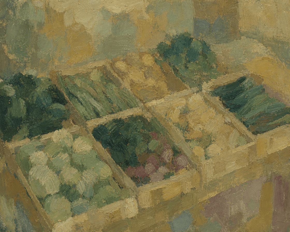 Market table with goods sorted into crates