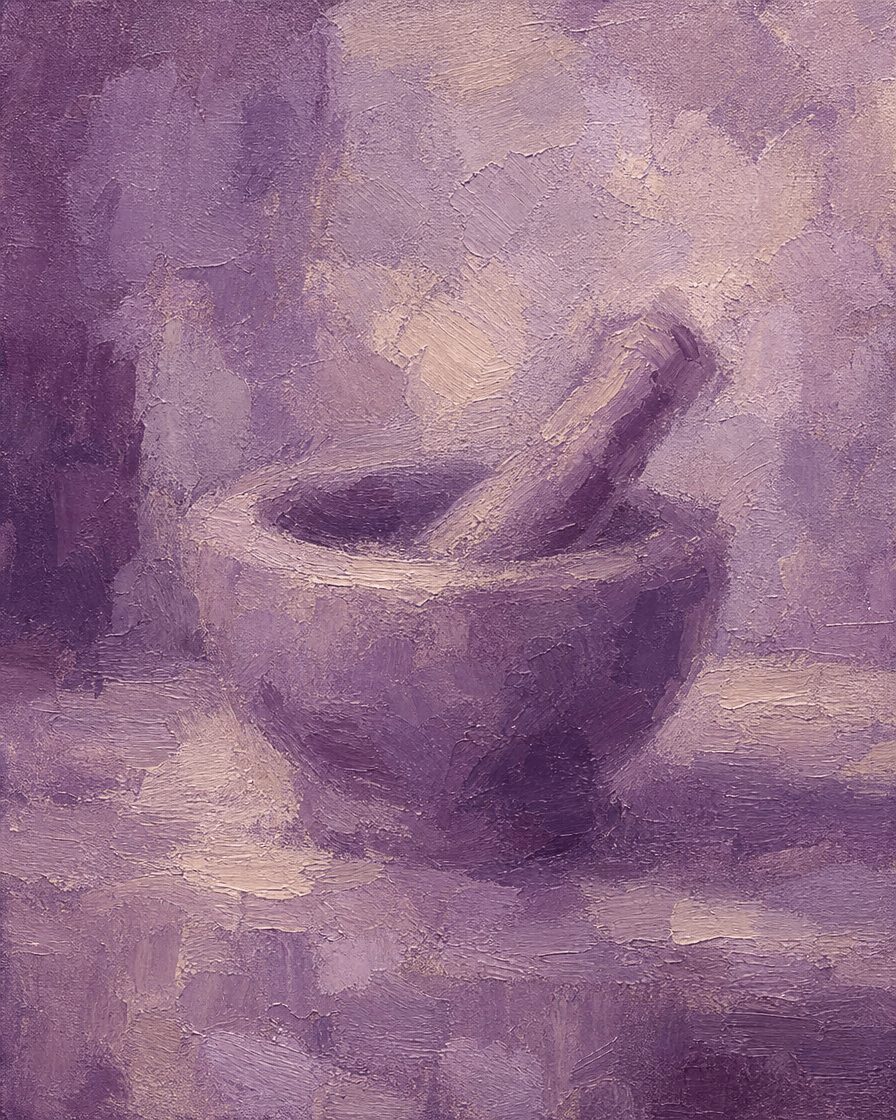 Mortar and pestle on a wooden bench