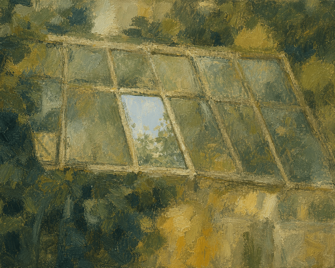 Glasshouse roof with one new pane