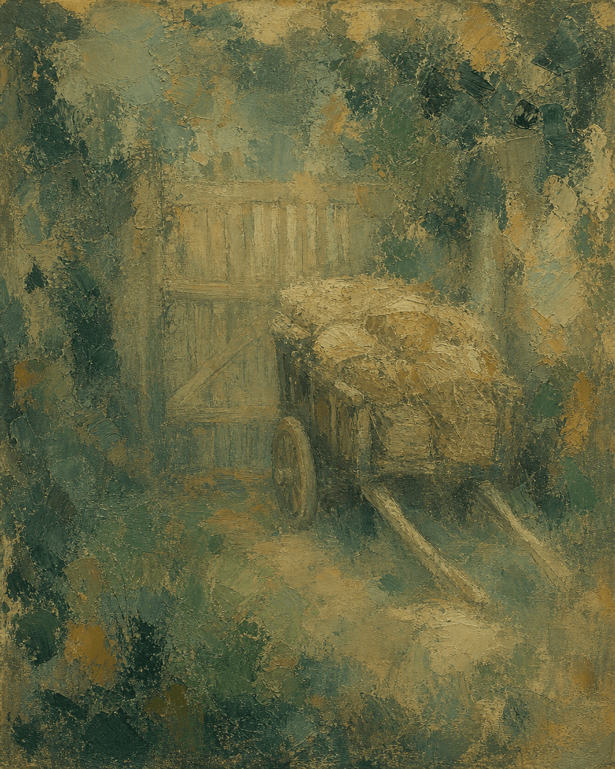 Loaded handcart standing at a closed gate