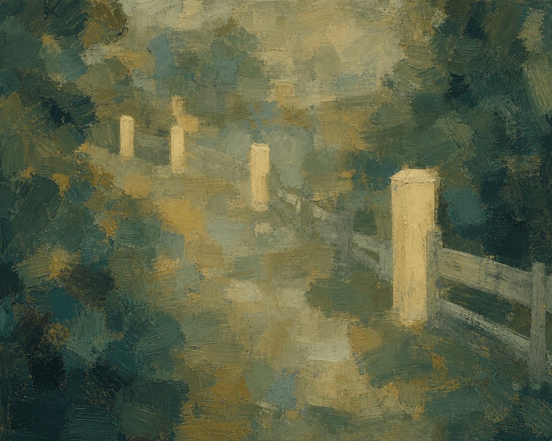Lane lined with freshly painted gateposts