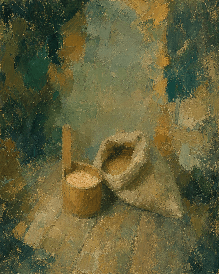 Grain measure beside an open sack