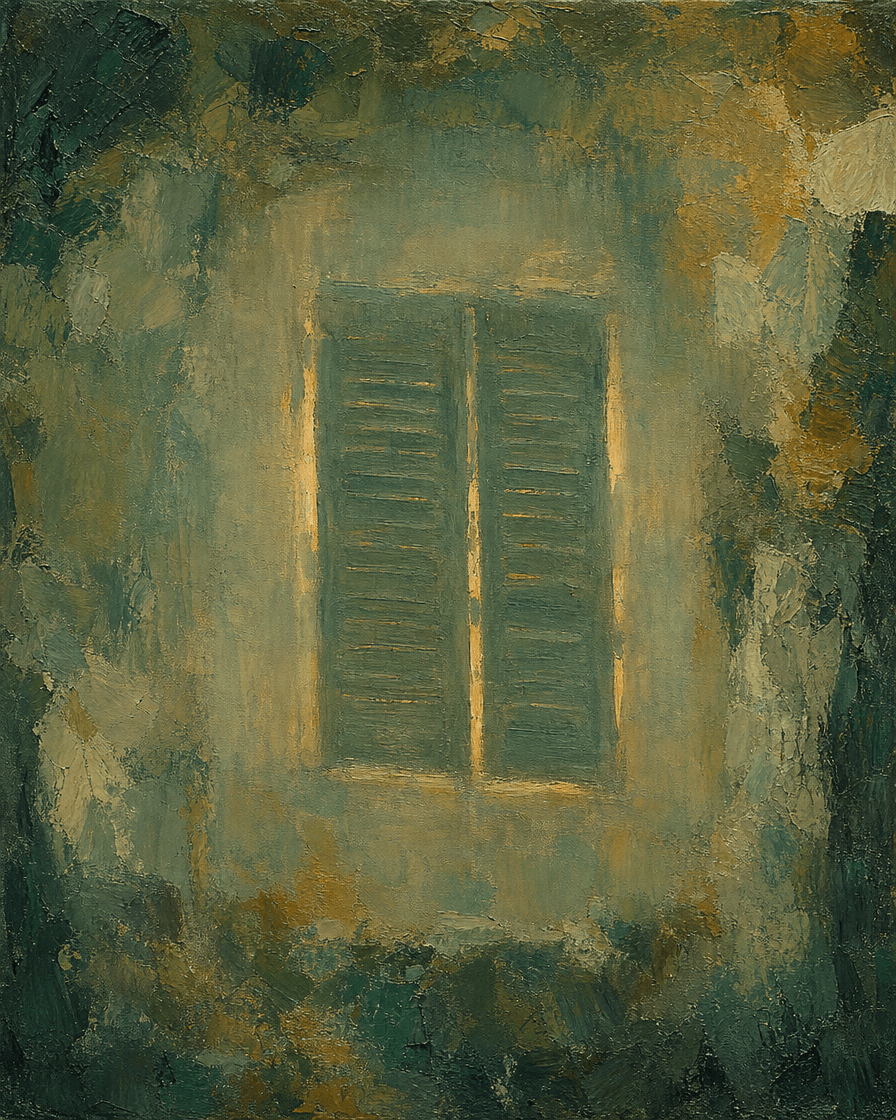 A shuttered window with light between the slats