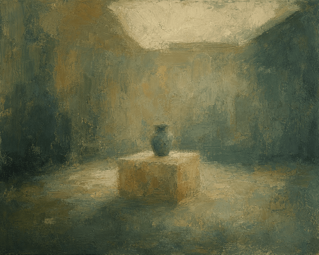 Vase on a plinth in a lit room