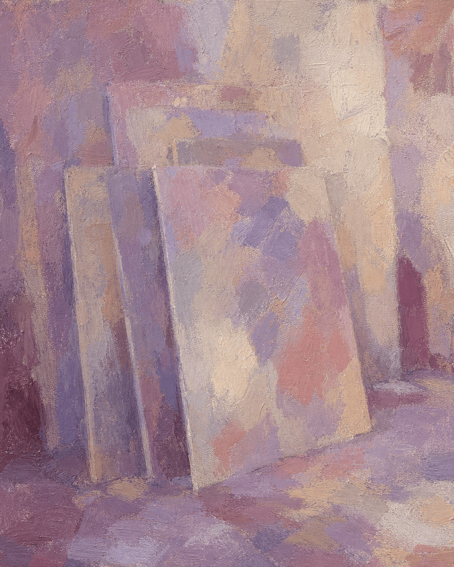 Canvases leaning against a studio wall